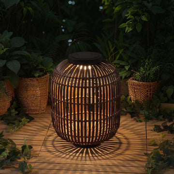 Nara 20.5" Modern Global Faux Rattan Integrated Indoor/Outdoor LED Solar Powered Lantern
